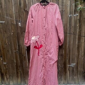 Vintage 70s Red Gingham Long Sleeve Dress with Floral Appliqué